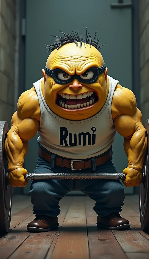a very strong muscular minion, so muscular that the veins in his muscles stand out, He is lifting weights with an expression on his face that he can hardly do it because it is too much weight but he does not give up, seen from a frontal position, Realistic design with pop and artistic details for a t-shirt, On the minion&#39;s t-shirt it says, RUMI