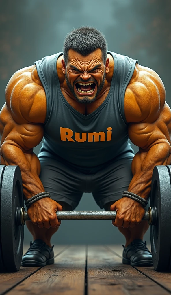 a very strong muscular minion, so muscular that the veins in his muscles stand out, He is lifting weights with an expression on his face that he can hardly do it because it is too much weight but he does not give up, seen from a frontal position, Realistic design with pop and artistic details for a t-shirt, On the minion's t-shirt it says, RUMI