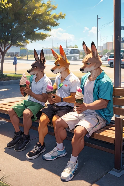 3 adult kangaroos wearing thick diapers eating ice cream cones 