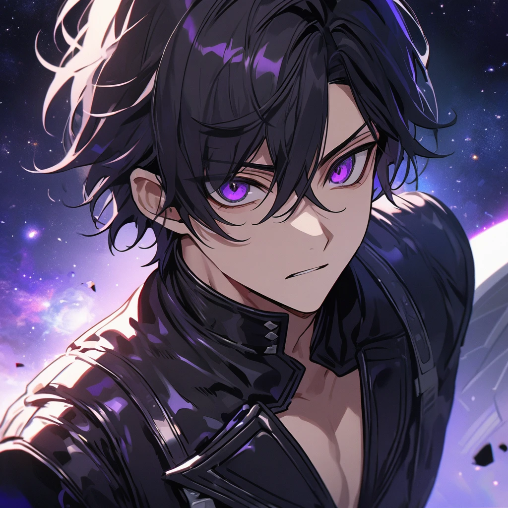 High quality, HD, 4k, no shadows, handsome male, handsome, extremly handsome, 1male, 1 male, teenager, pure black hair, short black hair, dark hair, black hair, jet black hair, sharp eyes, deep purple colored eyes, dark purple colored eyes, deep violet eyes, violet eyes, devil may cry, close up, calm expression, stoic expression, black leather clothes, black leather clothing, leather clothing, lean body, well trained body, upper body, looking at viewer, cowboy shot, white solar, space background