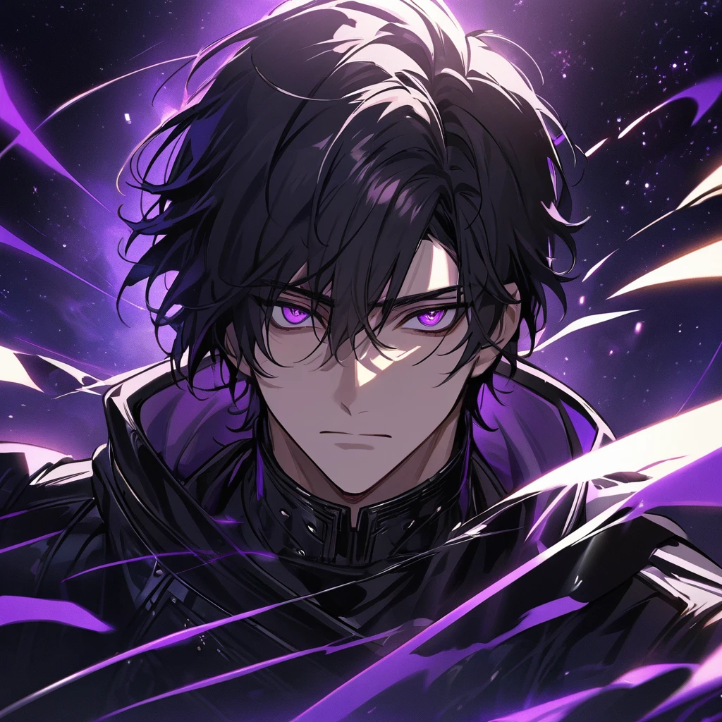 High quality, HD, 4k, no shadows, handsome male, handsome, extremly handsome, 1male, 1 male, teenager, pure black hair, short black hair, dark hair, black hair, jet black hair, sharp eyes, deep purple colored eyes, dark purple colored eyes, deep violet eyes, violet eyes, devil may cry, close up, calm expression, stoic expression, black leather clothes, black leather clothing, leather clothing, lean body, well trained body, upper body, looking at viewer, cowboy shot, white solar, space background