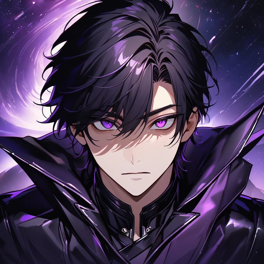 High quality, HD, 4k, no shadows, handsome male, handsome, extremly handsome, 1male, 1 male, teenager, pure black hair, short black hair, dark hair, black hair, jet black hair, sharp eyes, deep purple colored eyes, dark purple colored eyes, deep violet eyes, violet eyes, devil may cry, close up, calm expression, stoic expression, black leather clothes, black leather clothing, leather clothing, lean body, well trained body, upper body, looking at viewer, cowboy shot, white solar, space background