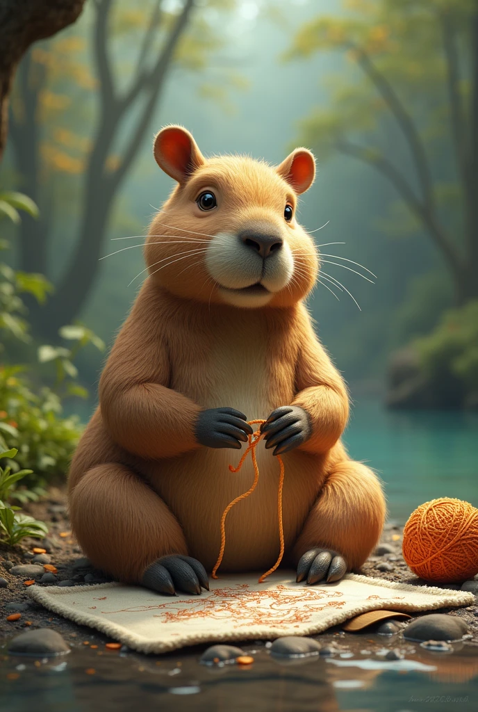 a capybara sitting cross-legged crocheting in the shape of a drawing