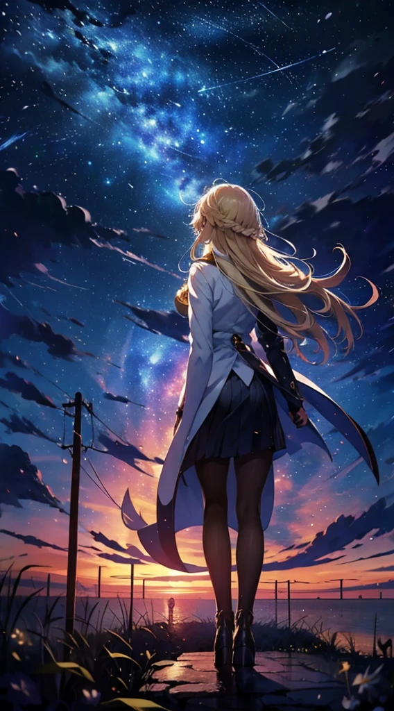 １people々々々々々々々々々々,Blonde long hair，White long coat，silhouette， Rear View，universe 空, milky way, Anime Style, lamp post, universe，夜のuniverse園，Moonlit Night，universeの花びらが雪のように舞い降りてくる，