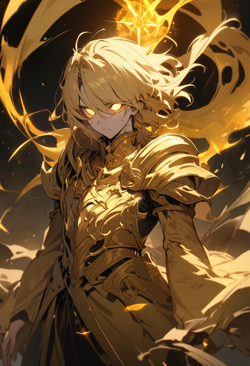 male, solo, god, golden aura, blond hair, glowing eyes, god eyes, no eyeball, Christs, beautiful color