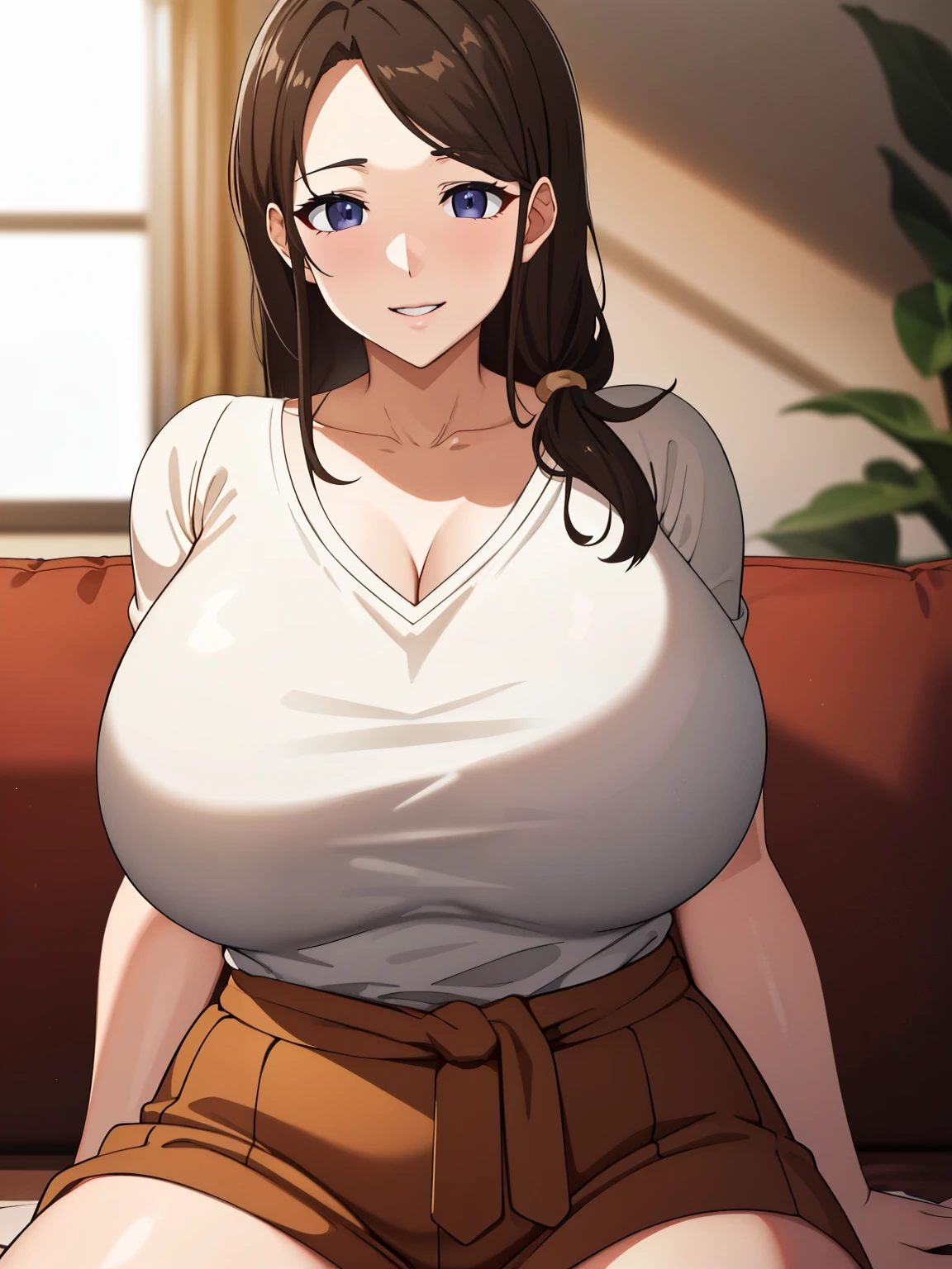 (超High resolution,4K,Very detailed, photograph, 8k, High resolution, High resolution, Absurd:1.2),40-year-old Japanese woman,expensive,Long black hair,Beautiful character design,Beautifully detailed eye depiction,Perfect Face,Expressive eyes,Brown eyes,A smile while doing something lewd,shirt,(Huge breasts:1.2),Tight waist,In the living room,Daytime