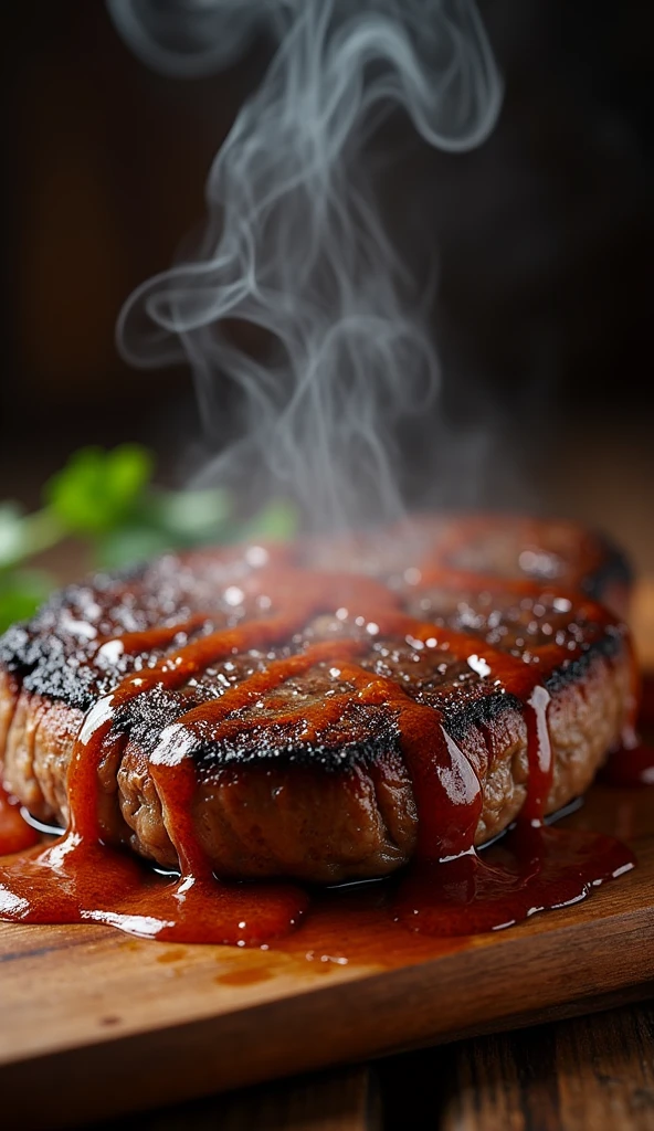 Steak Recipe Clean Photo Realistic Food, Hot and steamy, Sprinkle pepper sauce over the steak and let the dark brown sauce run down the sides of the steak., placed on a rustic wooden floor, Bright interior atmosphere, Medium contrast