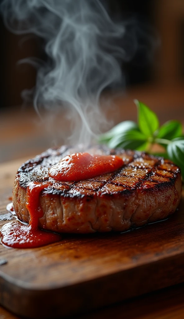 Steak Recipe Clean Photo Realistic Food, Hot and steamy, Sprinkle pepper sauce over the steak and let the dark brown sauce run down the sides of the steak., placed on a rustic wooden floor, Bright interior atmosphere, Medium contrast