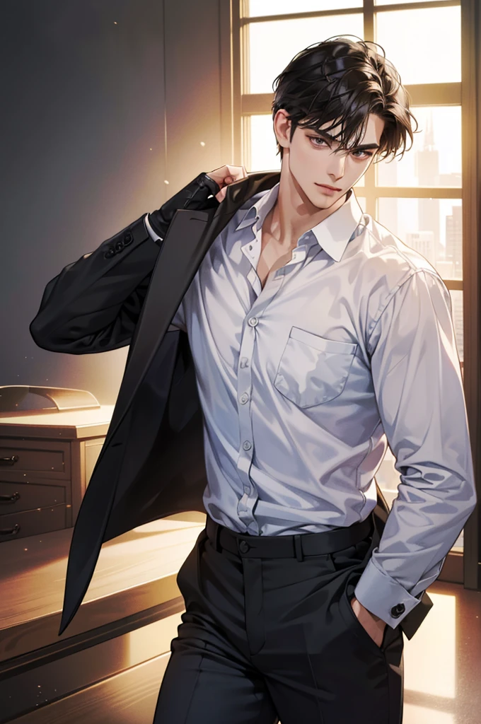 (best quality,4k,8k,highres,masterpiece:1.2),ultra-detailed,(realistic,photorealistic,photo-realistic:1.37),30 year old man,handsome anime,portraits,strong,masculine, black hair,sharp jawline,mesmerizing brown eyes,perfectly styled hair,short hair, cool anime outfit,confident expression,vibrant colors,dynamic lighting,smile lips, business suit. Half body potrait. Office hall background, hands in pant pocket, hands in pocket, detailed face, detailed eyes