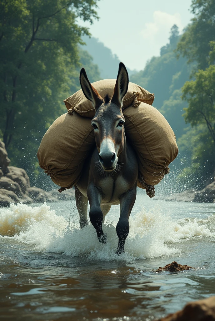 A donkey carrying many sacks falls into a river and is swept away by the current