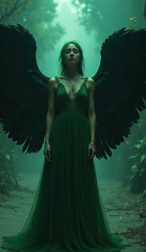 Hyperealism cinematic film still 8k highly detailed and realistic . In a mystic setting, taking style of Lilith, in the more subtle way, featuring a women, full body of europian, green hair, front view, green dress with black feathered wings, outer ambience with dark light settings