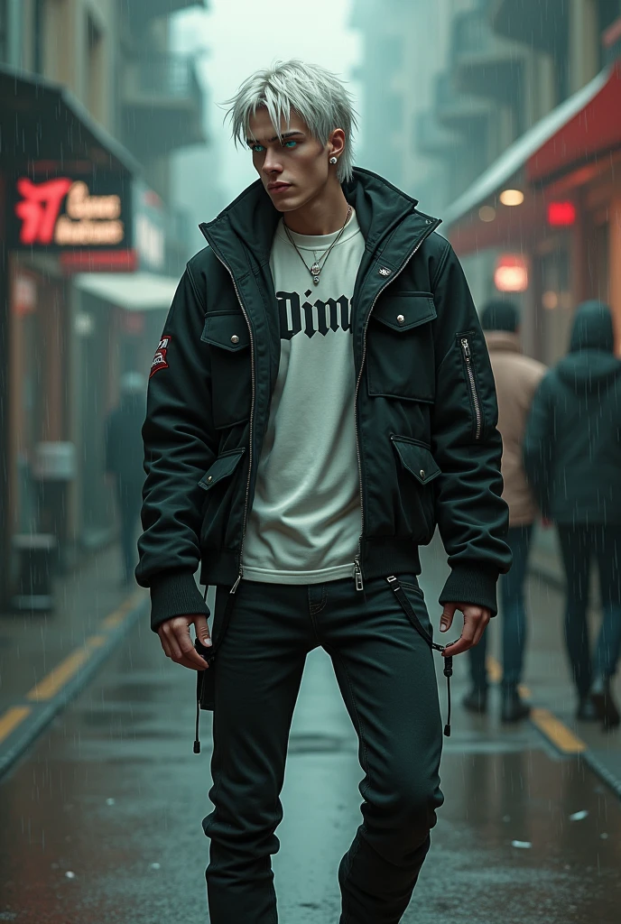 Erkek cocuk, pele caucasiana, 20 year, White hair, wearing black jeans, wearing black boots, White T-Shirt and her name 'DIMAS' has written on that with black aviator jacket, greeneyes,curved body, cocked ass, cyberpunk atmosphere, Raby, アニメ, Mullet,