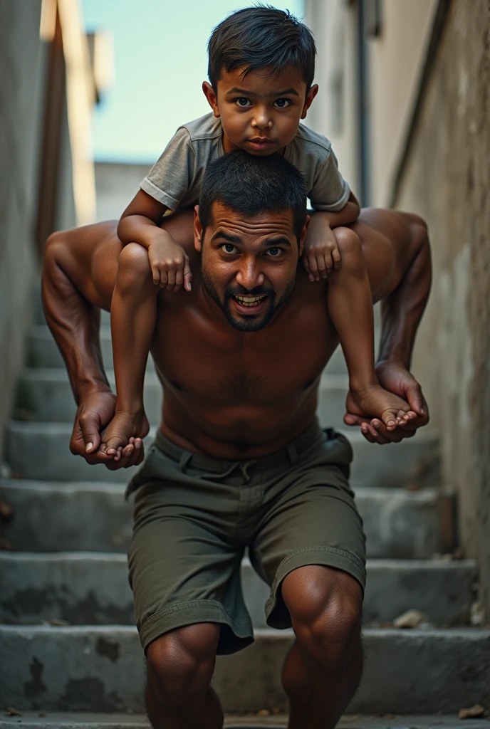 Um homem brasileiro, Youngh, carrying an overweight  on his shoulders up a flight of stairs