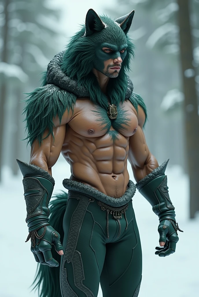 A handsome muscular wolf man with big boobs and big ass, tight winter clothing, dark green hair