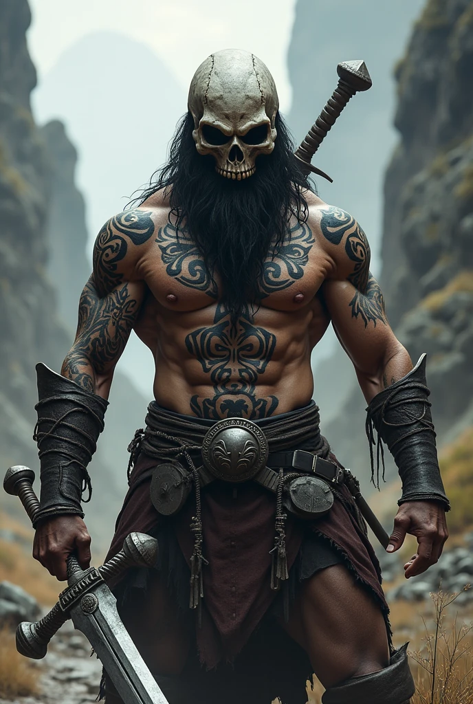 create a barbarian with a skull helmet,with a sword in hand,realistic black and white tattoo style in high definition