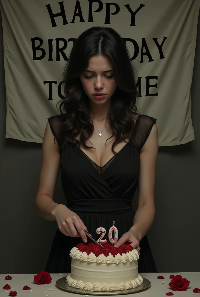 The women celebrate his birthday (alone) and his cutting his birthday cake and on the cake 20 letter number candle and small knife and his and face full of sadness and his background banner like a happy birthday to me.and his waring a black dress  and full sleeve  