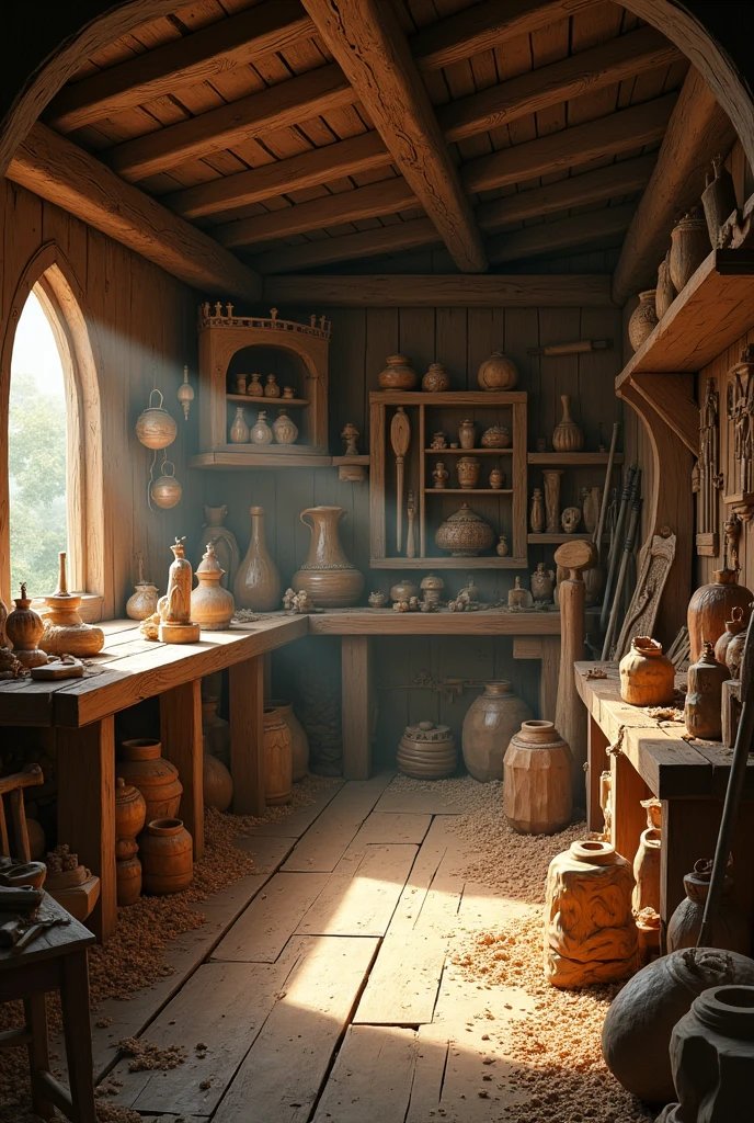 This is a modest space, full of sawdust and old carpentry tools. There are pieces of wood carved into different shapes, and a strong aroma of freshly cut wood fills the air. Elven medieval style