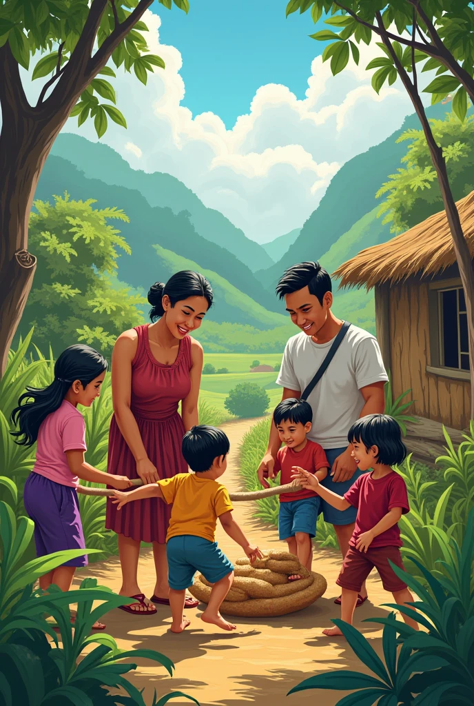 A large, detailed illustration of a Filipino family working together in a bayanihan spirit. This could depict parents and children helping each other with tasks like farming, building a house, or celebrating a festival. The scene should capture the essence of bayanihan, emphasizing cooperation, unity, and selflessness.