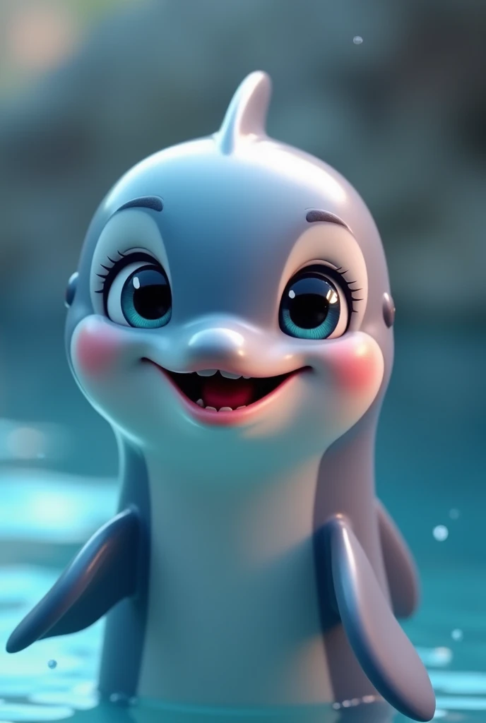 Create a close-up image of an adorable     Dolphin smiling, facing the camera with a zoomed-in perspective. The animal should have a cute and expressive face, resembling the animation style of Pixar by Disney, with large, shiny eyes and a joyful smile. The background should be blurred to emphasize the animal's face. Each animal should appear friendly and endearing, with soft fur or feathers and bright, cheerful colors."