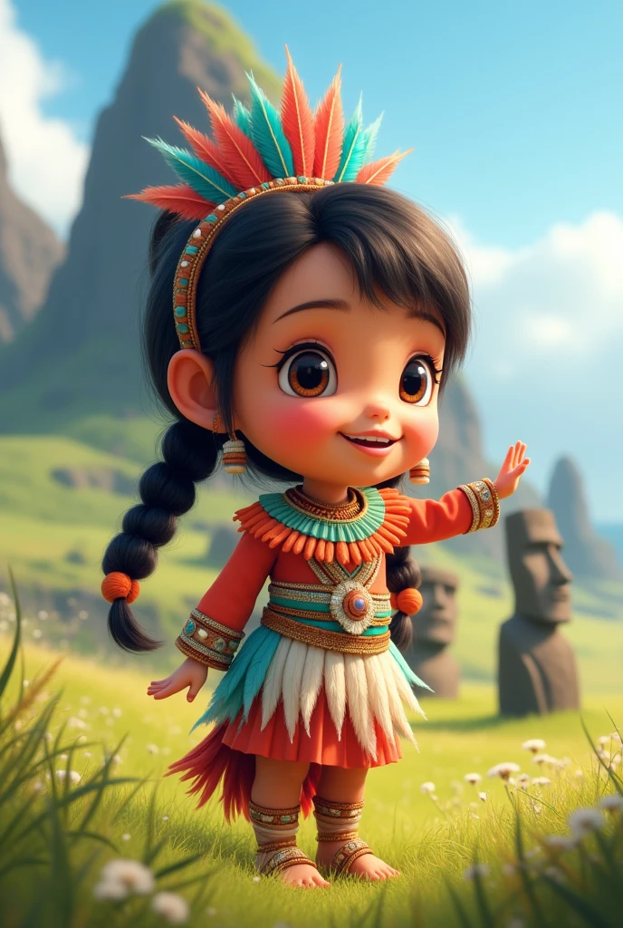 Create a kawaii animated character girl representing the native Chilean people Rapa Nui or Easter Island with the typical feathered costume pointing to the right