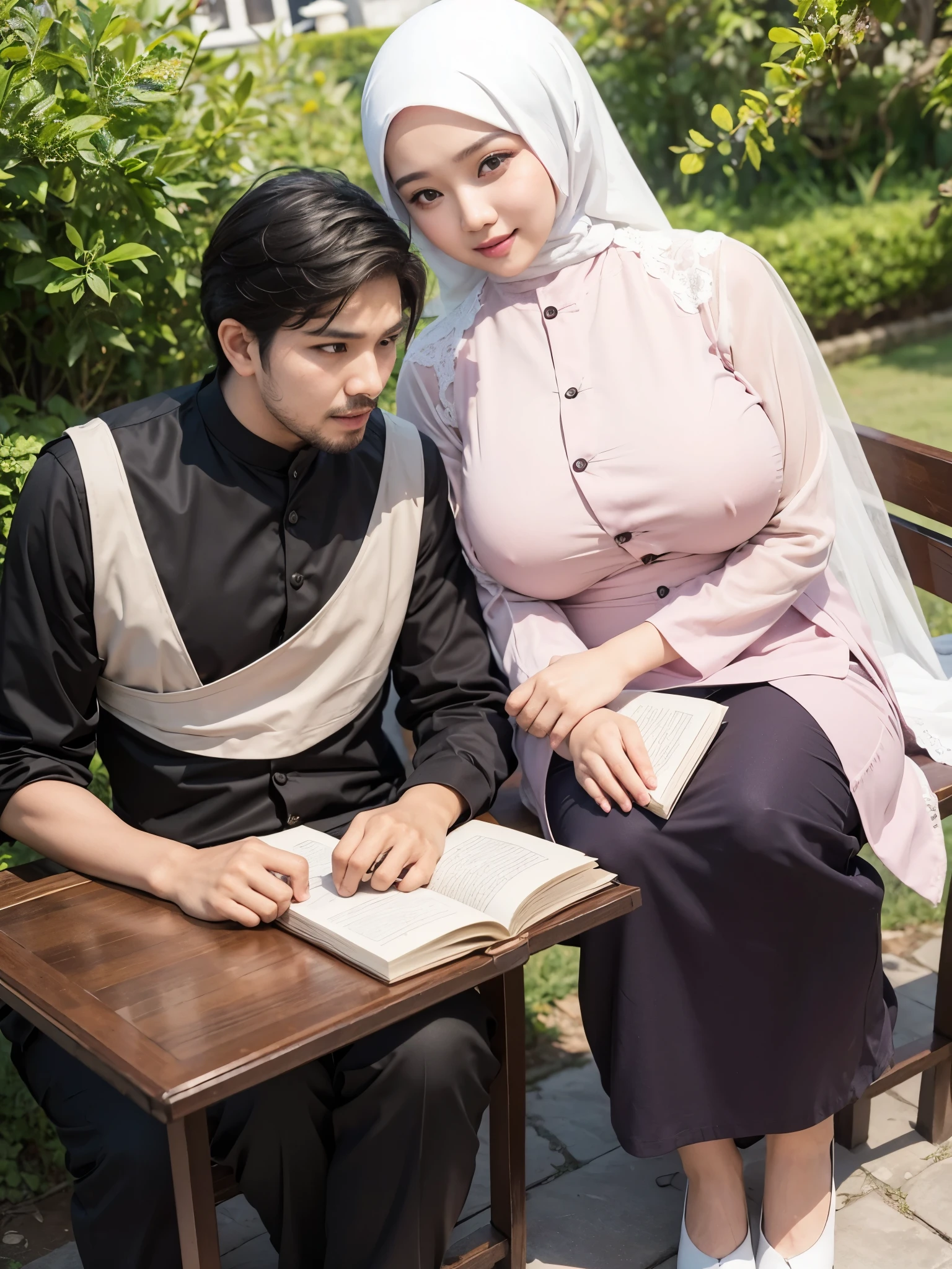 photo outdoor, Indonesian family with 2 members. a 3 man, clean face, a 3 woman, chubby, wear the hijab, is in bole, You can see the Balinese gate, professional pose, romantic moment, professional photography, wide shot, photo taken from a distance.