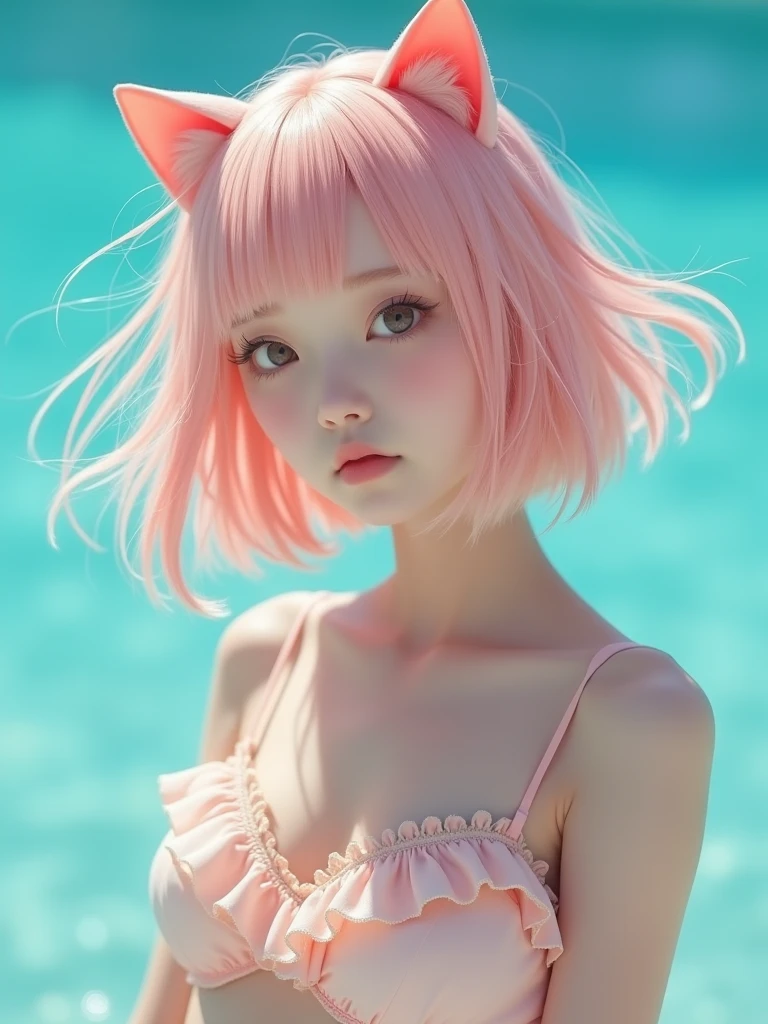 real photograph, (masterpiece), (highest quality), (Super detailed), (messy hair), (shape), (one japanese girl), (chiffon frill bikini), cat ear, sitting down, Fashion Model, (simple cyaan blue cyaan background), fine and beautiful eyes, pretty faced,  floating, (high color saturation),  focus on face, blond pink bob cut hair, floating Hairs, (shining), best writing, best shadow,