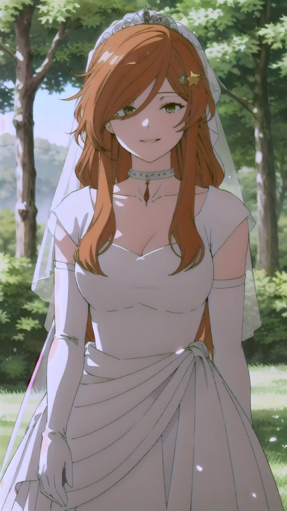 solo,looking at viewer,smile,parted lips,
Flamme,1woman,
nature,sunlight, hair between eyes, ahoge, brown eyes,orange hair, star \(symbol\), hair ornament, dress, cleavage, bare shoulders, collarbone, long white elbow gloves, white gloves, white dress, white choker, strapless, tiara, veil, strapless dress, wedding dress, bridal veil, beautiful woman, perfect body, perfect breasts, wearing a wedding dress, ball gown, in the park trees, wedding decorations, a in love smile, realism, masterpiece, textured skin, super detail, high detail, high quality, best quality, 1080p, 16k