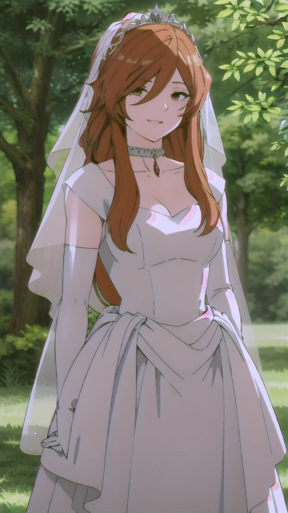 solo,looking at viewer,smile,parted lips,
Flamme,1woman,
nature,sunlight, hair between eyes, ahoge, brown eyes,orange hair, star \(symbol\), hair ornament, dress, cleavage, bare shoulders, collarbone, long white elbow gloves, white gloves, white dress, white choker, strapless, tiara, veil, strapless dress, wedding dress, bridal veil, beautiful woman, perfect body, perfect breasts, wearing a wedding dress, ball gown, in the park trees, wedding decorations, a in love smile, realism, masterpiece, textured skin, super detail, high detail, high quality, best quality, 1080p, 16k