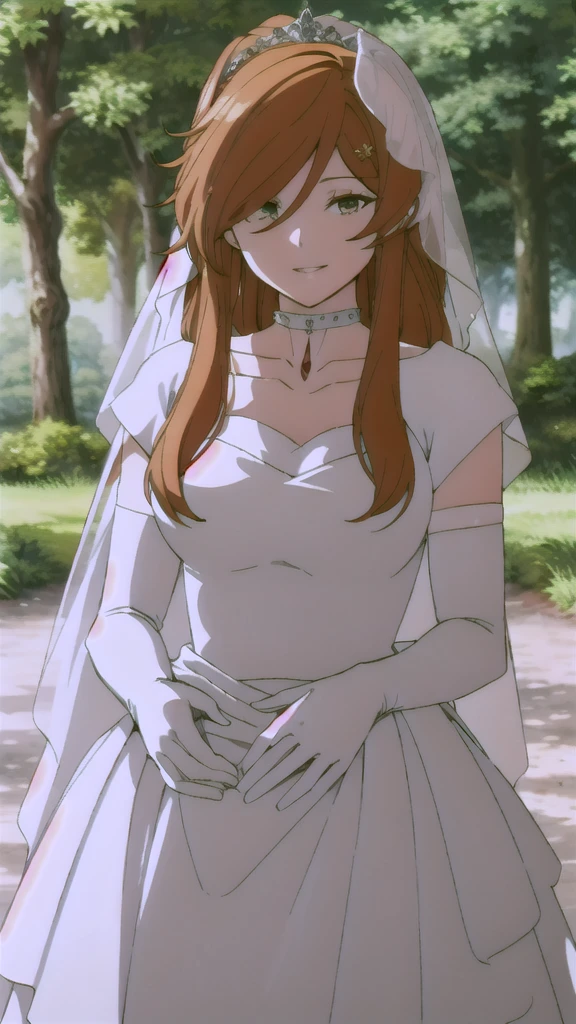 solo,looking at viewer,smile,parted lips,
Flamme,1woman,
nature,sunlight, hair between eyes, ahoge, brown eyes,orange hair, star \(symbol\), hair ornament, dress, cleavage, bare shoulders, collarbone, long white elbow gloves, white gloves, white dress, white choker, strapless, tiara, veil, strapless dress, wedding dress, bridal veil, beautiful woman, perfect body, perfect breasts, wearing a wedding dress, ball gown, in the park trees, wedding decorations, a in love smile, realism, masterpiece, textured skin, super detail, high detail, high quality, best quality, 1080p, 16k