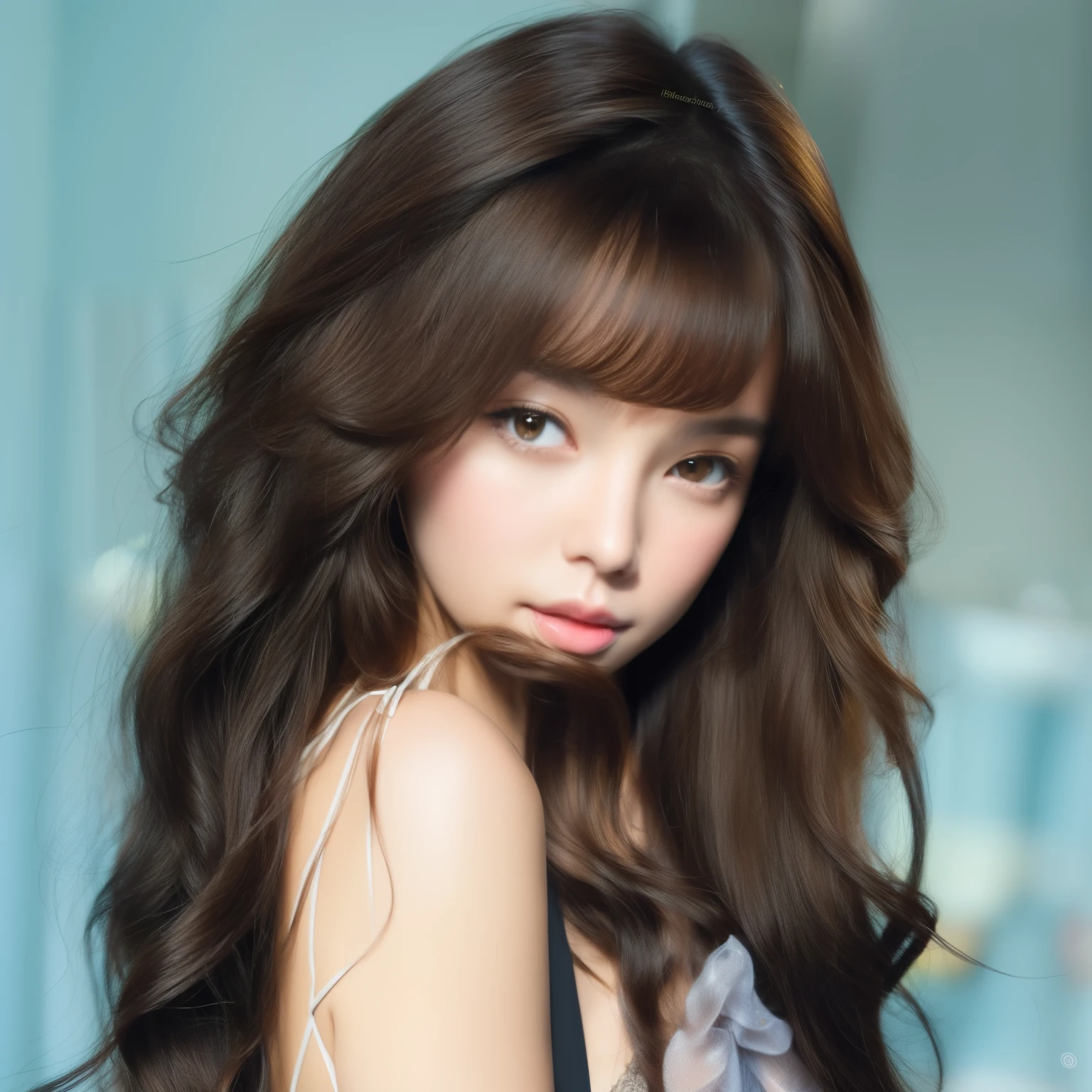 A woman with long hair is taking a picture.., long hair With bangs, long hair With bangs completa, black wavy hair With bangs, brown long hair With bangs, brown hair With bangs, Bangs and wavy hair, Curly bangs, With bangs, brown hair and bangs, long curly hair, Fluffy bangs, With bangs completa, neat hair With bangs