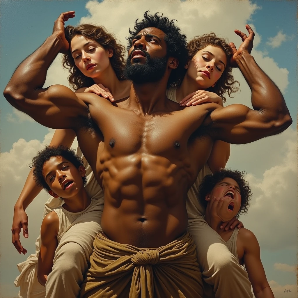 An classically inspired oil painting of an African American male with the world on his shoulders reminiscent of Atlas from Greek mythology, behind him are his wife and children, conveying a sense of struggle, straining muscles, styles reminiscent of John W Waterhouse, VanDyke, Michaelangelo, Raphael, Leonardo DaVinci, flowing composition 