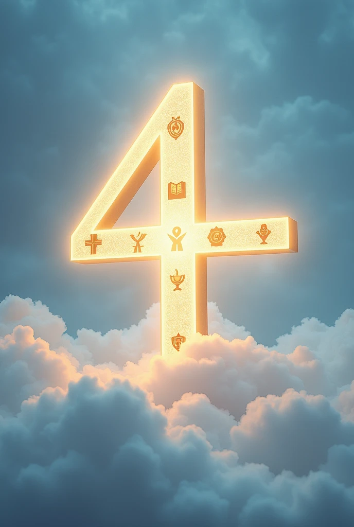 Create an image that will be divided into four parts, formando um design completo when united. The central highlight should be the number "4" stylised, with a soft glow around. Add elements that represent the four Gospels, like four small crosses arranged around the number, each with a different symbol (For example, a book, Uma estrela, a dove and a lamp), symbolizing the wisdom and light of faith. The background should have shades of sky blue, white and gold, creating an atmosphere of reverence and spirituality. Each of the four parts must contain details that, when united, reveal the entirety of the message, highlighting the strength of the pillars of faith.