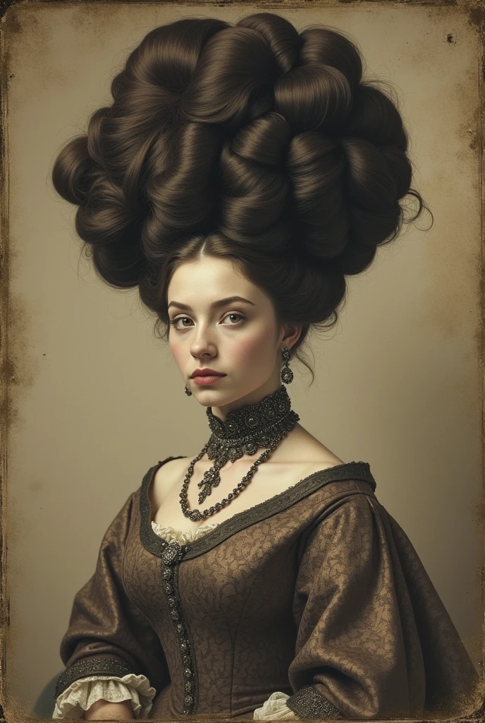 VeronicaCipher studio portrait, Victorian Woman, Wearing a high-collared Victorian gown,huge hairbun , ((very big hair Bun)),((the size of hair Bun is 6 time size of her head)),satin, Jacquard, 1800s, analog, granular, Dust, scratch, Blurred, Daguerreo Type, Gelatin Silver, Collodion_photograph, Sepia (Realistic:1.6) ,vintage Picture frame
