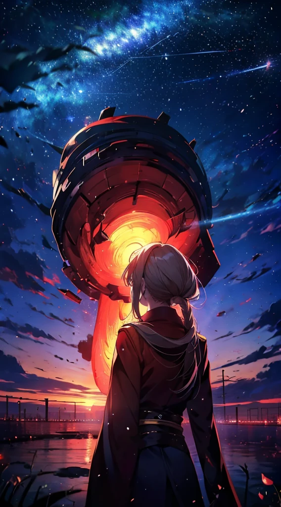 1people々々々々々々々々々々,Blonde long hair,A long red coat,silhouette, Rear View,universe 空, milky way, Anime Style, lamp post, universe,夜のuniverse園,Moonlit Night,universeの花びらが雪のように舞い降りてくる,