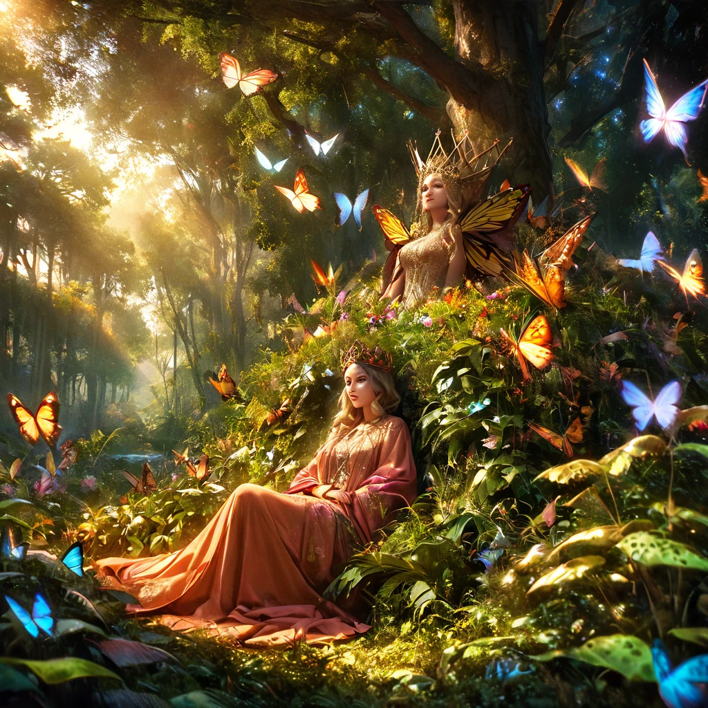 wide angle, great general plan, all-body, ((a queen of nature , beautiful vegetation, butterflies animals, contemplating his queen:1.5)), a beautiful forest at dawn, idyllic, magical, majestic, epic lighting, 8k, face detailed, detailedeyes, detailed lips, long eyelashes, nice dress, serene expression, lush foliage, floral flowers colorful, Sun'rays, photorrealistic, cinematographic, warm colours, dramatic lighting, details Intricate