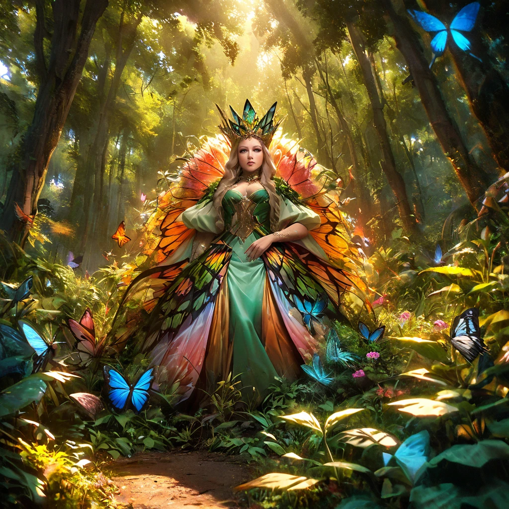 wide angle, great general plan, all-body, ((a queen of nature , beautiful vegetation, butterflies animals, contemplating his queen:1.5)), a beautiful forest at dawn, idyllic, magical, majestic, epic lighting, 8k, face detailed, detailedeyes, detailed lips, long eyelashes, nice dress, serene expression, lush foliage, floral flowers colorful, Sun'rays, photorrealistic, cinematographic, warm colours, dramatic lighting, details Intricate