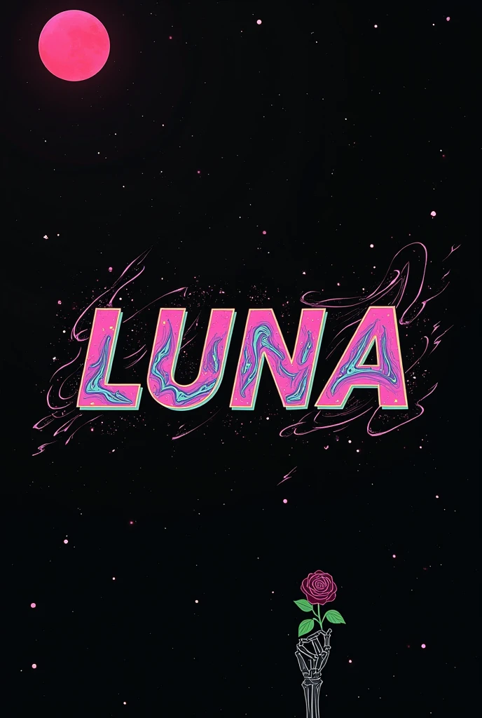 High resolution, logo spelling luxury “LUNA”, brand logo “LUNA”, neon vibes, acid trip vibes, acid trip, shooting stars, acid trip inside “LUNA”, acid trip, hallucinations inside “LUNA”, Waves of hallucinations, Acid trip hallucinations inside “LUNA” , Waves of hallucinations inside “LUNA, splash, black roses with green leaves, blood moon, horror, skeleton hand holding rose,