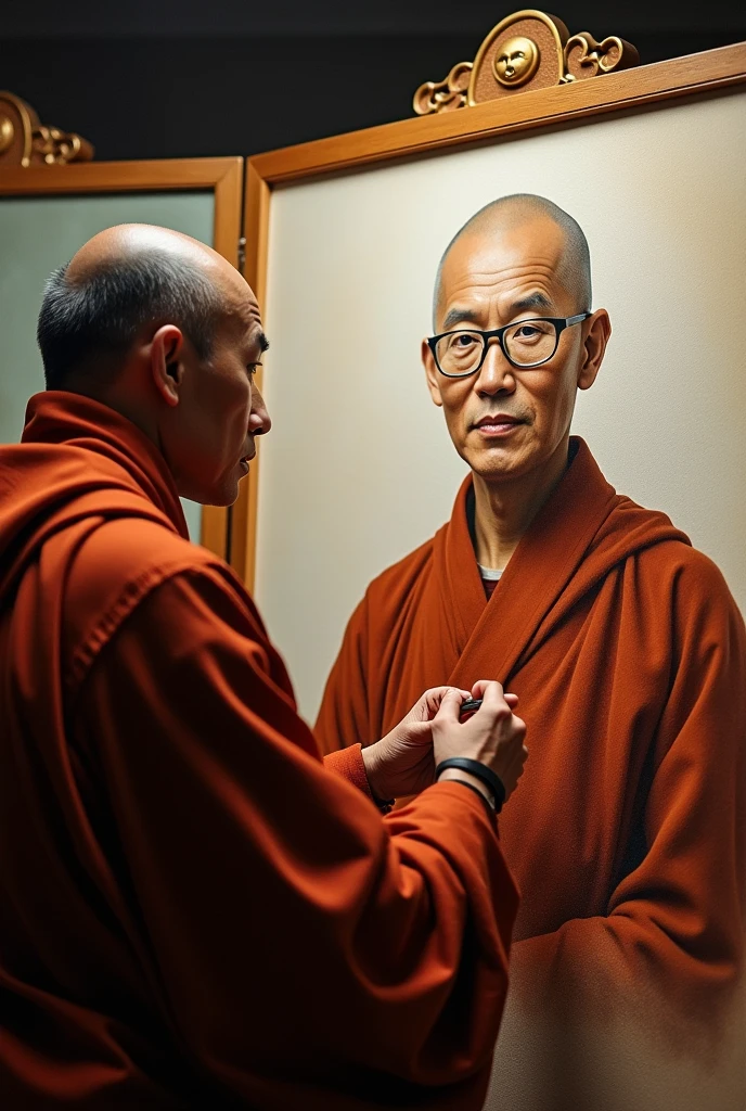 The monk skillfully painted a picture of himself on the folding screen.、Realistic texture、Very detailed、Realistic images