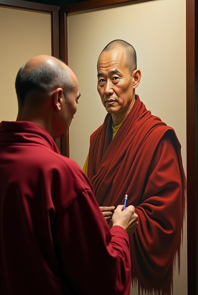 The monk skillfully painted a picture of himself on the folding screen.、Realistic texture、Very detailed、Realistic images