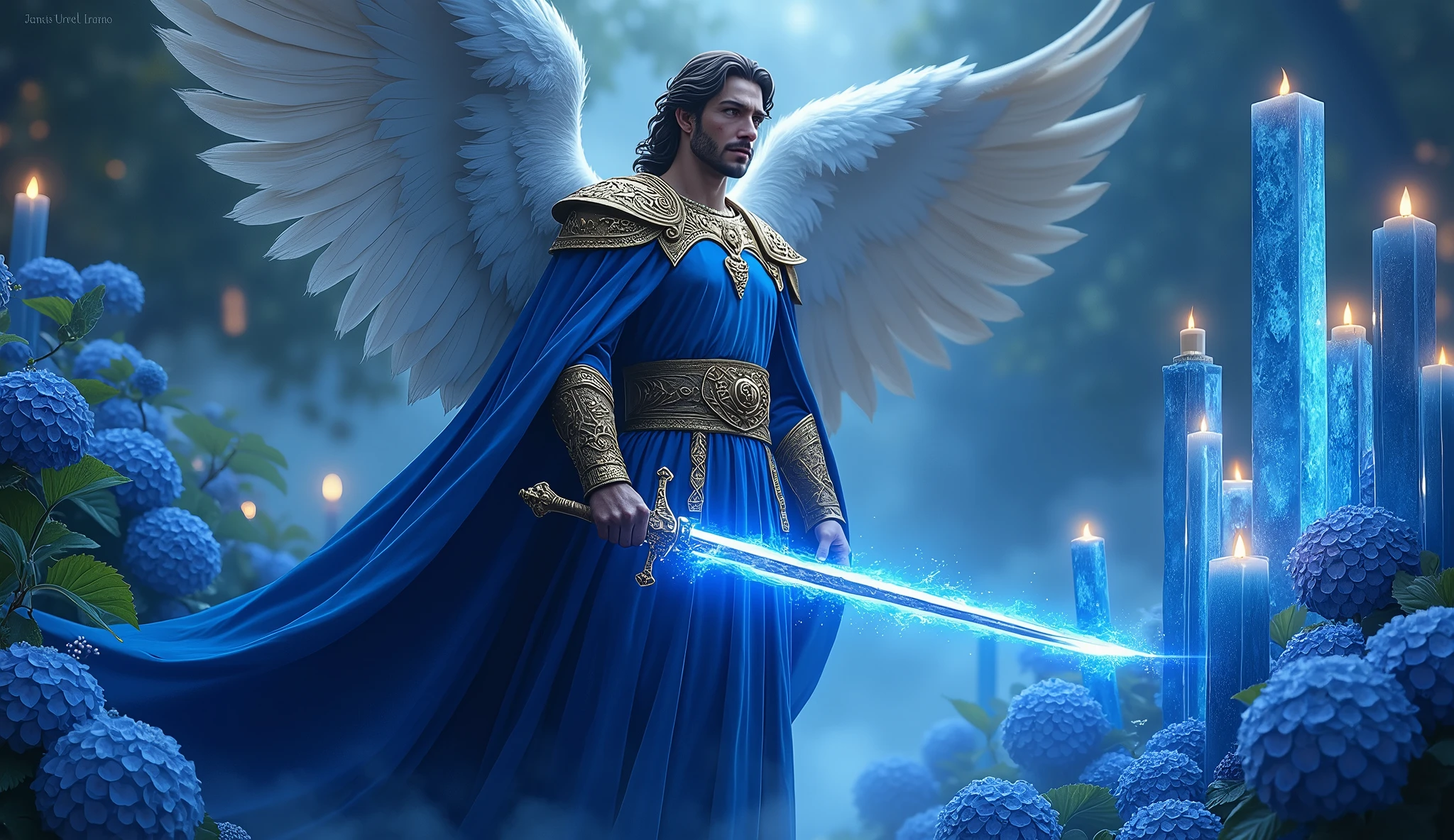 ultra realistic image of archangel michael chic velvet tunic and blue cape, with his blue flame sword, many blue candles lit, blue kyanite crystals,, convey depth, in the background the legion of angels of Archangel Michael in the hydrangea garden
