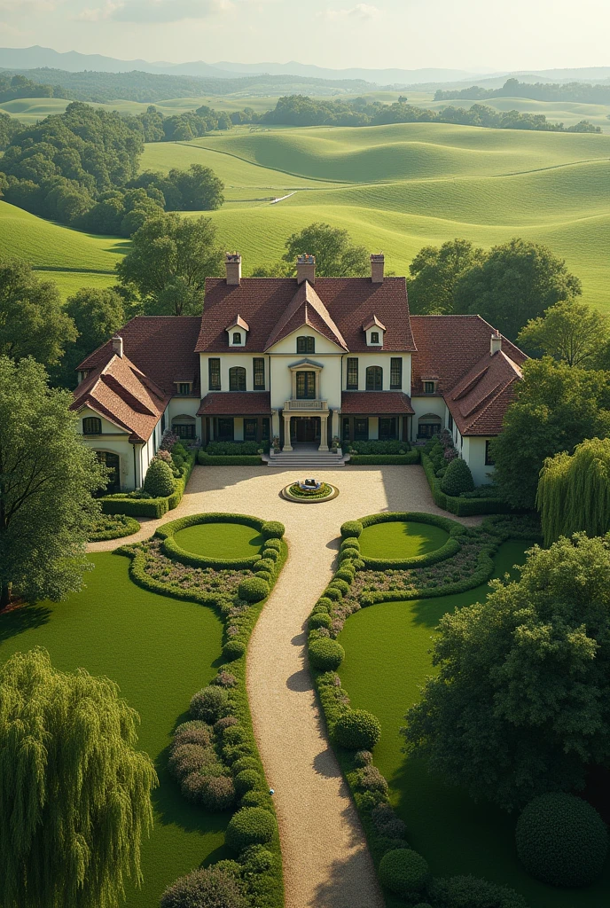 A villa on a very large plot. From a bird's eye view. With larger windows and more country style. More meadow
