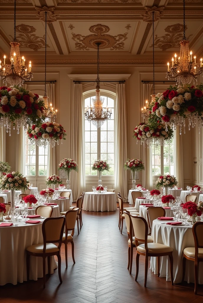 Montre moi des exemples de décoration de salle de mariage dans le thème, blanc dorée avec une touche de rouge chic
Je ne veux pas de piste de danse
Prend en compte que cela sera dans une salle des fêtes municipales et que le budget est de 2000 e