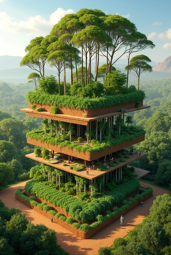 Create a detailed landscape image of an 86-hectare sustainable farm in South Africa, showcasing the innovative 'Trees as Natural Greenhouses' concept. The farm features a diverse agroforestry system with tall Moringa, Sesbania, Gliricidia, and Leucaena trees forming a lush canopy layer. Beneath this canopy, depict a sub-canopy layer with fruit trees and shade-tolerant crops like coffee and cacao. The ground layer should display high-value crops such as turmeric, garlic, ginger, and cover crops, with visible smart sprinkler irrigation systems integrated with tree roots. The landscape should include a mix of open fields and densely planted areas, highlighting biodiversity with insectary plants and managed beehives. The farm appears vibrant and thriving, set against a backdrop of natural terrain under a clear sky with soft clouds. Add labels and text to the image, titling it 'Trees as Natural Greenhouses: Sustainable Farming on an 86-Hectare Farm.' Label key areas: 'Canopy Layer' for the tall trees, 'Sub-canopy Layer' for the fruit trees and shade-tolerant crops, 'Ground Layer' for turmeric, garlic, ginger, and cover crops, 'Smart Sprinkler Irrigation' for the irrigation systems, and 'Biodiversity Zones' for the insectary plants and beehives.