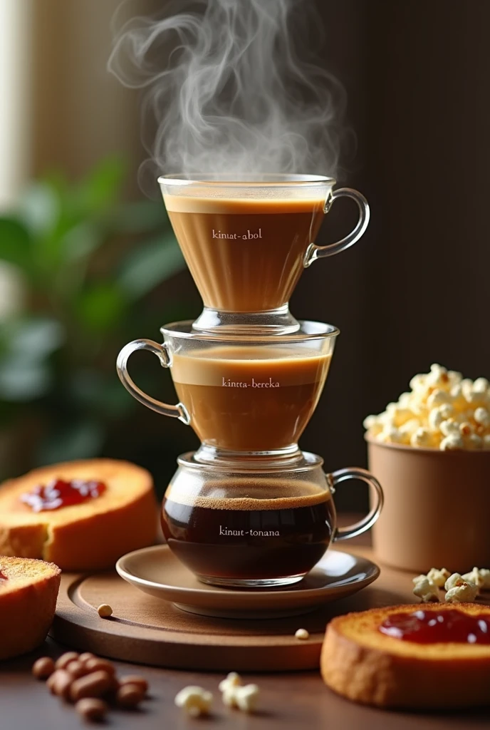 Moccapot brew coffee on to a three-layered cups. Each cup has a name printed on it says 
'Kintat-Abol' 'Kintat-Bereka' and 
'Kintat-Tonana' 
With full of coffee steam in the air. Toasted bread and jam spread on it. Popcorn with box at the back.