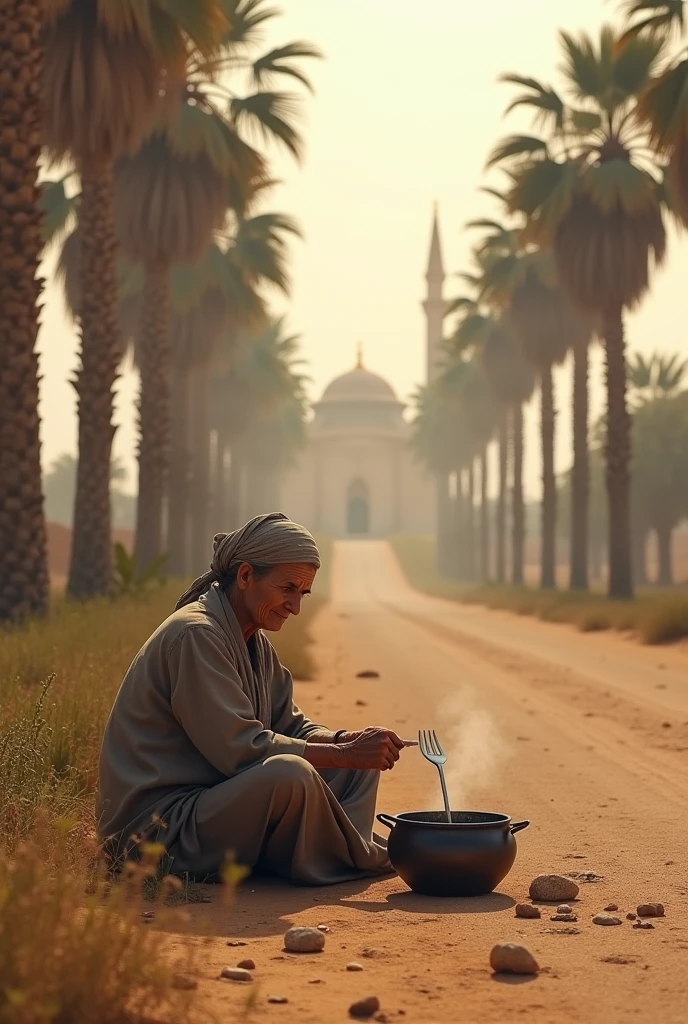 An old woman sitting on the way to the mosque is putting a fork in the pot. The scene will be an Arabian atmosphere. 
There will be palm trees and small stones along the road. 
Baluka Rashi all around, a mosque can be seen in the distance.