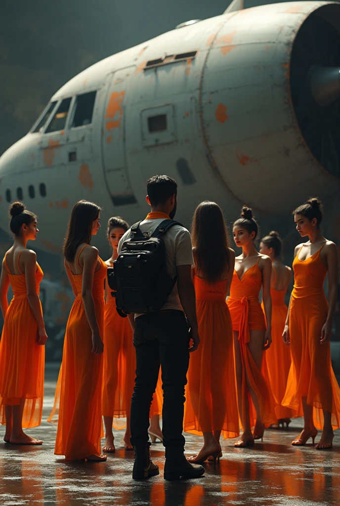 3D Style,Two-color,black,orange,Photographer and several beautiful models,factory,taller,Aircraft depot,Abandoned fighter plane