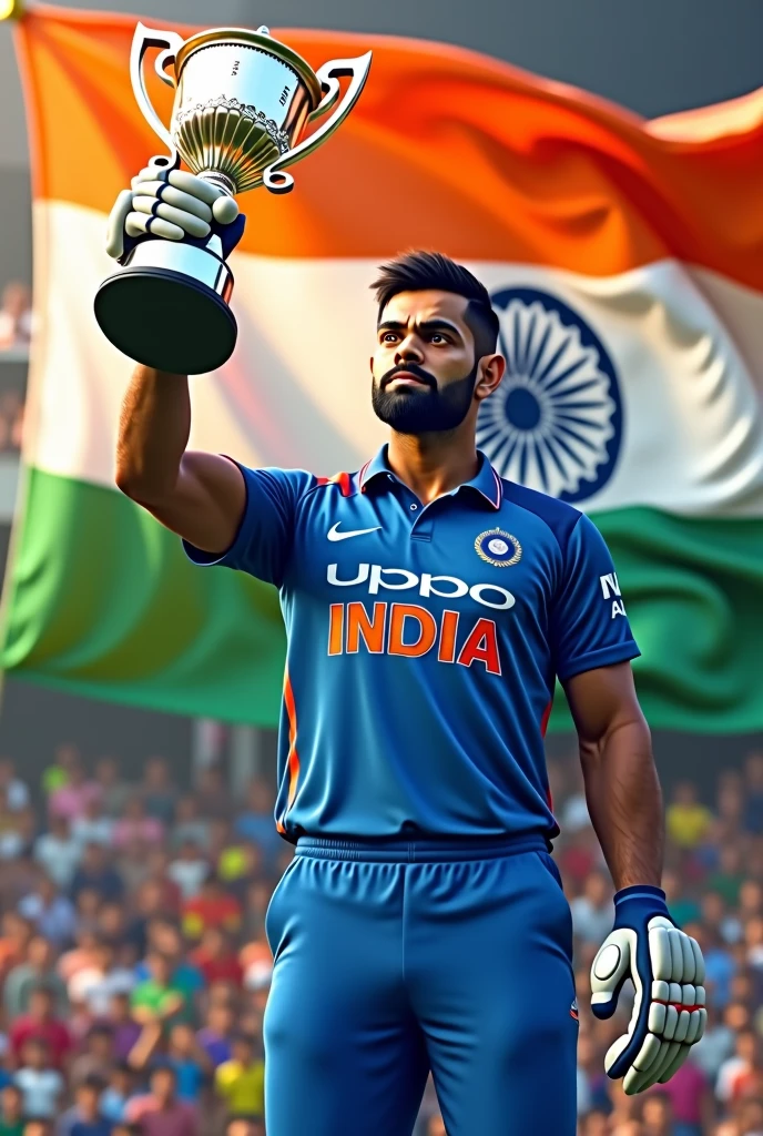 Virat kohli in t20 world cup trophy and indian flag