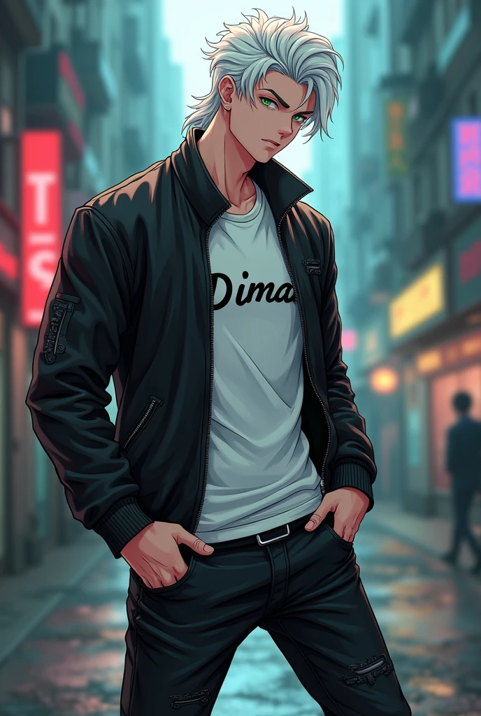 Erkek cocuk, pele caucasiana, 20 year, White hair, wearing black jeans, wearing black boots, White T-Shirt and her name 'DIMAS' has written on that with black aviator jacket, greeneyes,curved body, cocked ass, cyberpunk atmosphere, Raby, アニメ, Mullet, upper body
