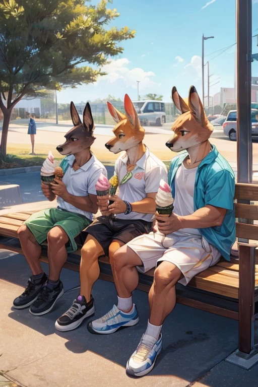 3 adult kangaroos wearing thick diapers eating ice cream cones