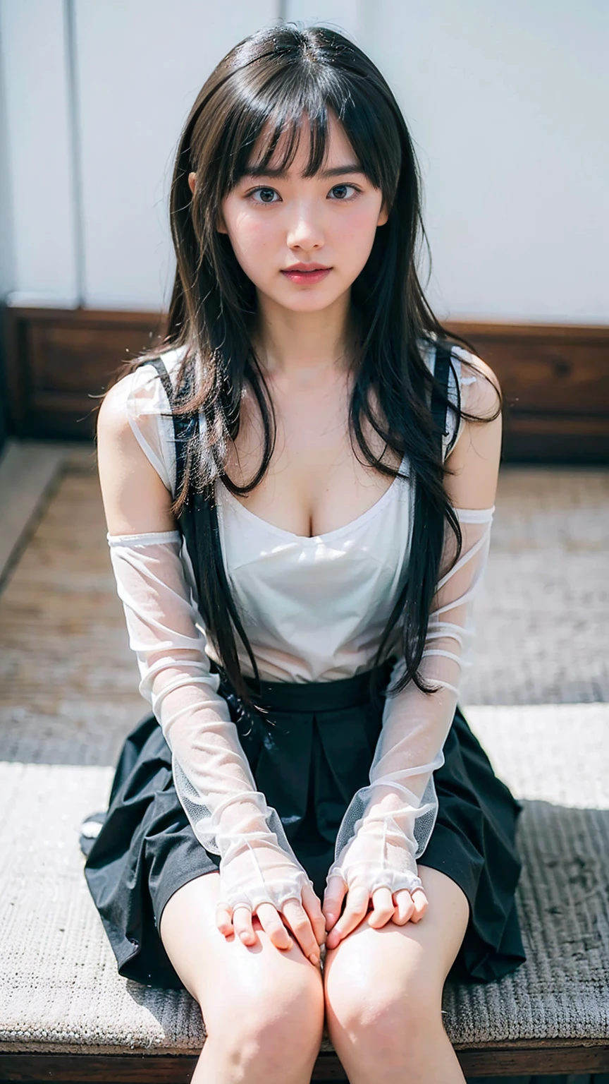 (8k、RAW Photos、Highest quality、masterpiece:1.2)、(Realistic、Realistic)、1 person、((black and white、dress、See-through、Curly Hair、Cleavage、tights、Gloves、Garter Ring、mini skirt、Thin legs、whole body、boots、View from the front、Looking into the camera、room、Sitting))、cute